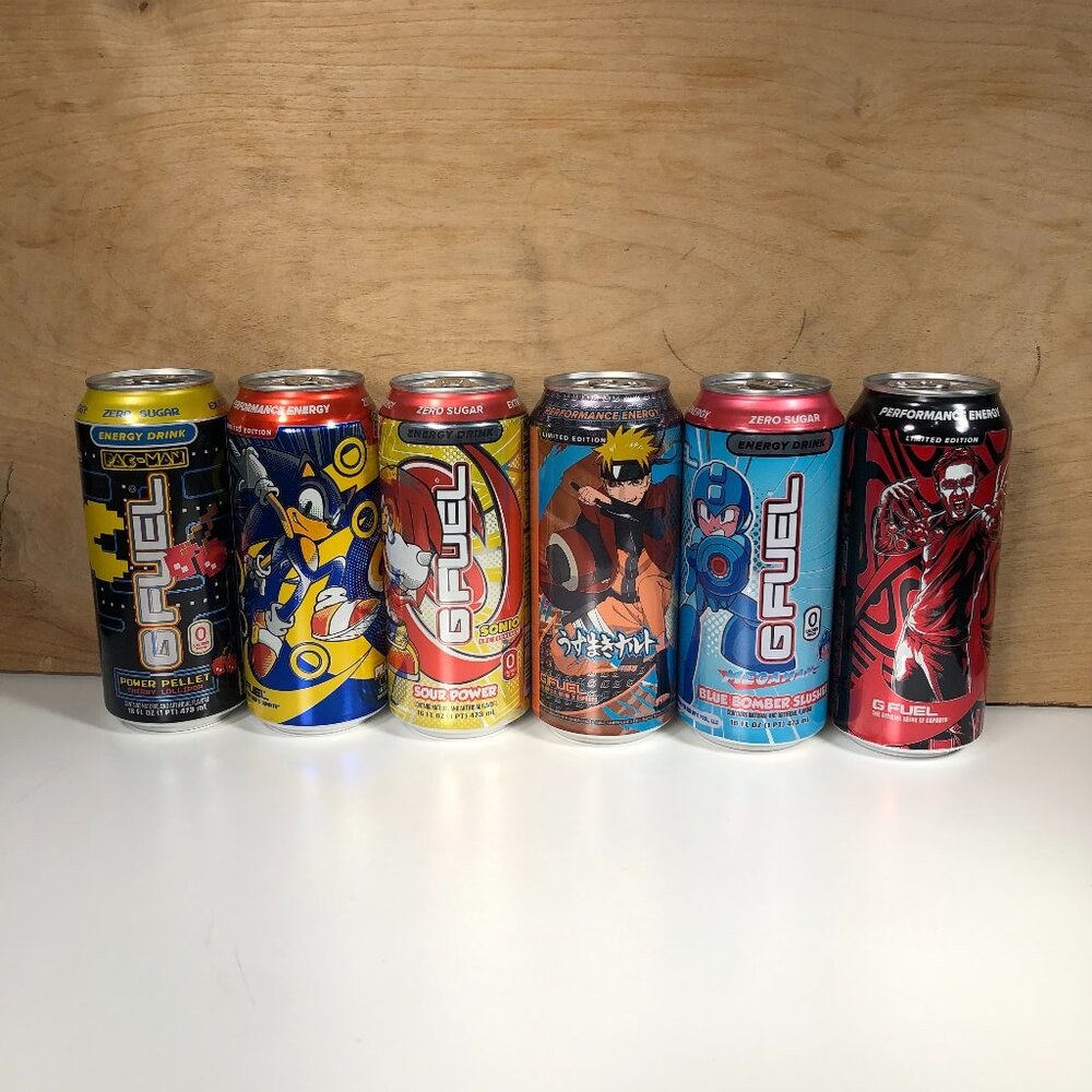 Lot of 6 G Fuel Limited Edition Energy Drink Cans Pacman Sonic Naruto Mega Man